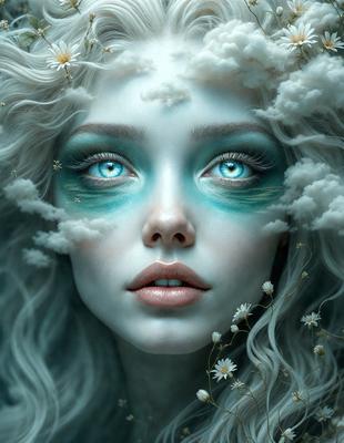 The primary subject of the image is a woman with white hair and blue eyes. She is wearing makeup and has a flower in her hair. The setting is a cloudy sky, and the visual style is digital art. The dominant colors are white and blue, creating a serene and dreamy atmosphere.